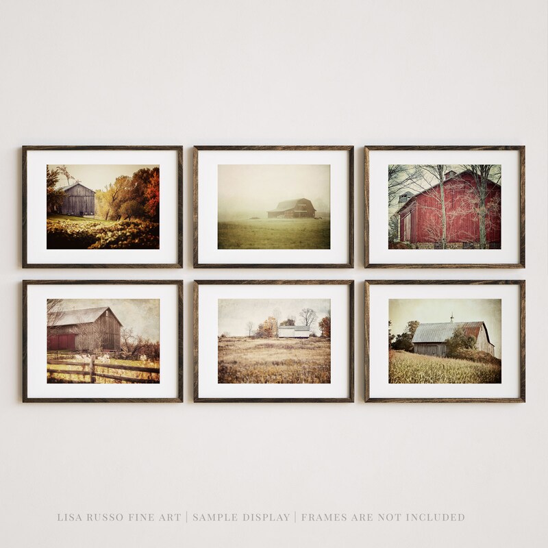Vintage Red and Gold Barns for Rustic Farmhouse Wall Decor | Art Prints Set of 6 | Not Framed